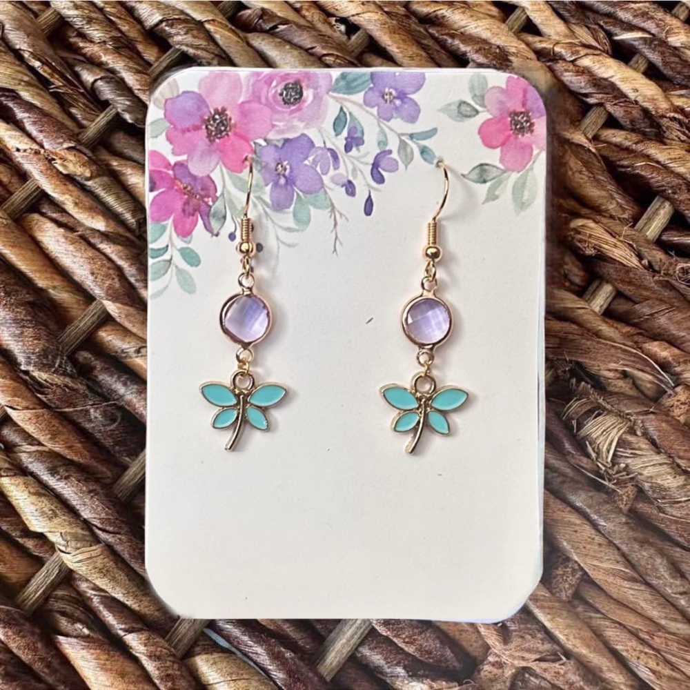 New Handmade Gold-Tone Purple and Blue Dragonfly Dangle Earrings